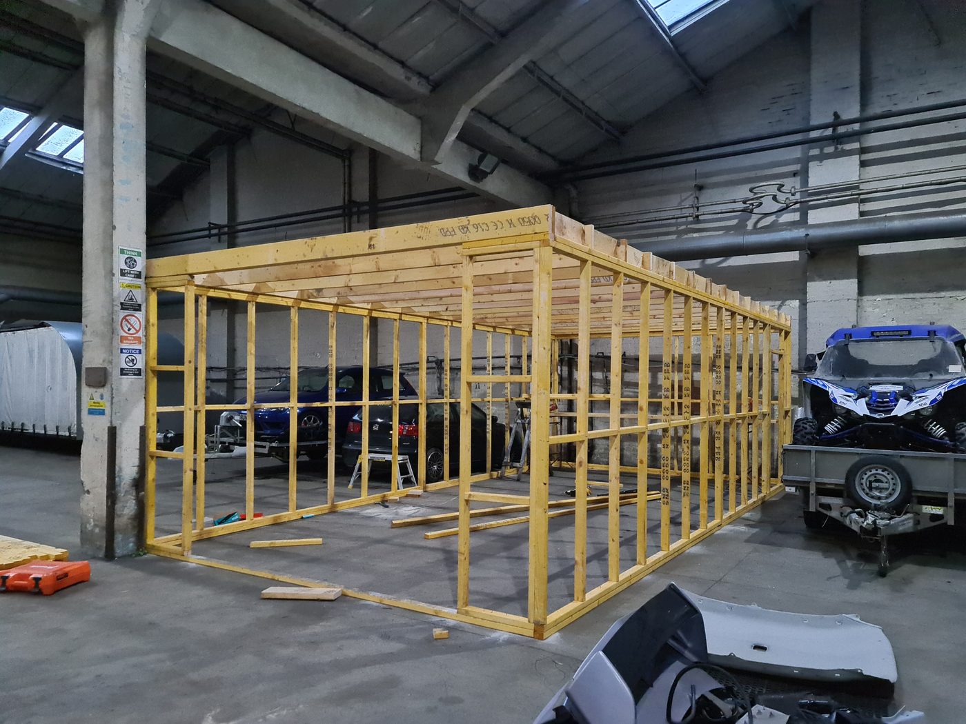 Timber frame structure being fabricated